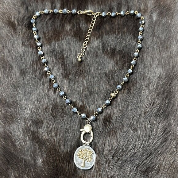 Silver Gold TREE Pendant Gray Faceted Glass Beads Rhinestone 17" - Picture 2 of 6